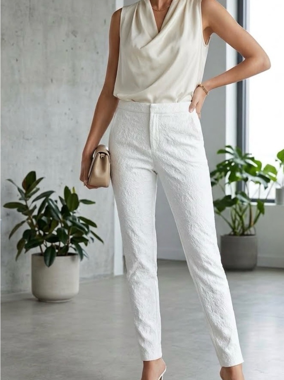 Zara White Textured Floral Jacquard Skinny Pants - Size S 0499